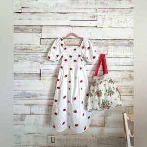 White Strawberry embroidery Puff Sleeve Smocked Dress